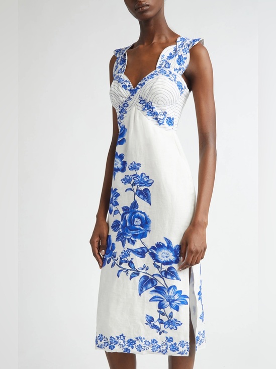 FARM Rio Dresses & Skirts - Farm Rio: BLUE FLORAL CASCADE OFF WHITE
WAVY ONE SHOULDER / LINEN